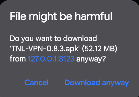 Android browser dialog reading File might be harmful, with Cancel and Download anyway buttons.